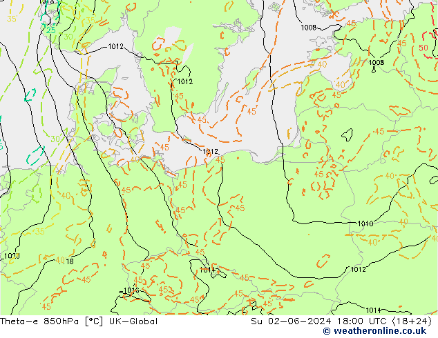 Theta-e 850гПа UK-Global Вс 02.06.2024 18 UTC