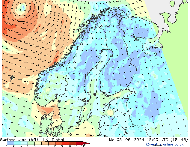 Surface wind (bft) UK-Global Mo 03.06.2024 15 UTC
