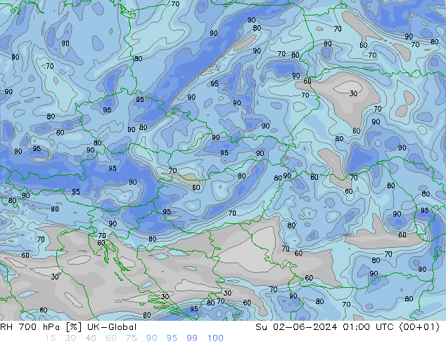 Humidité rel. 700 hPa UK-Global dim 02.06.2024 01 UTC