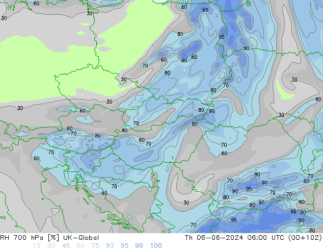 RH 700 hPa UK-Global Th 06.06.2024 06 UTC