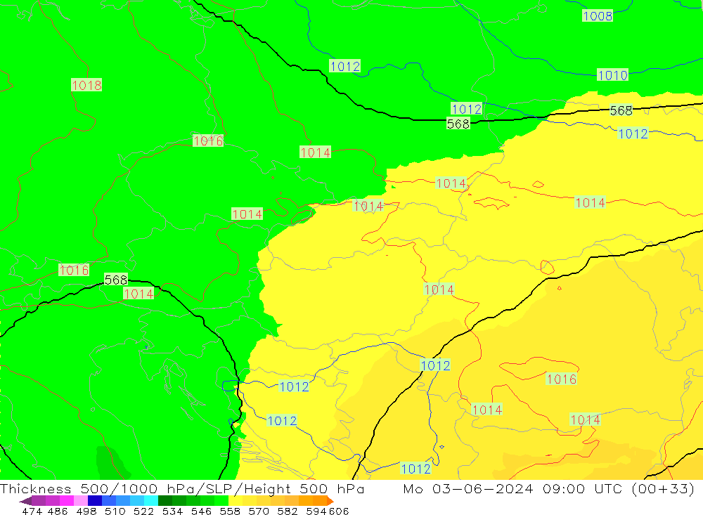 Espesor 500-1000 hPa UK-Global lun 03.06.2024 09 UTC