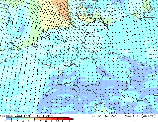 Vento 10 m (bft) UK-Global dom 02.06.2024 20 UTC