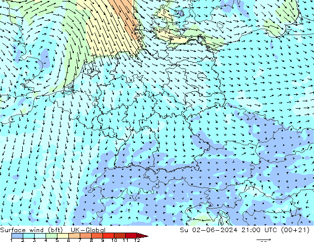Surface wind (bft) UK-Global Su 02.06.2024 21 UTC