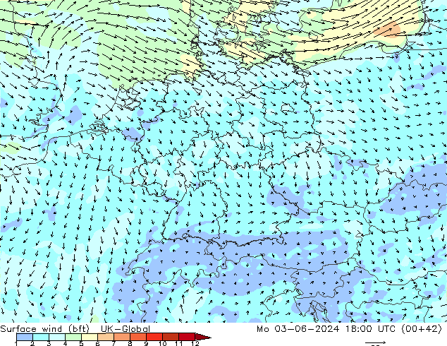 Surface wind (bft) UK-Global Po 03.06.2024 18 UTC