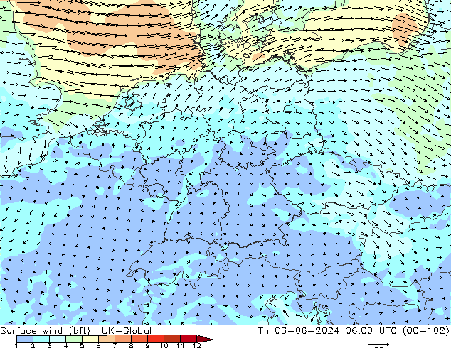 Wind 10 m (bft) UK-Global do 06.06.2024 06 UTC