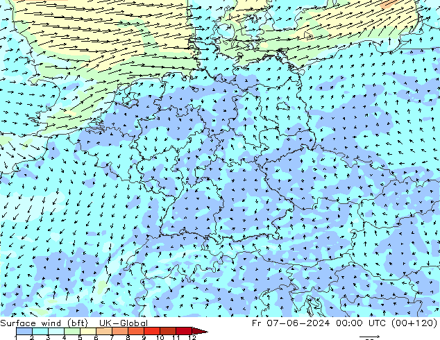 Surface wind (bft) UK-Global Fr 07.06.2024 00 UTC