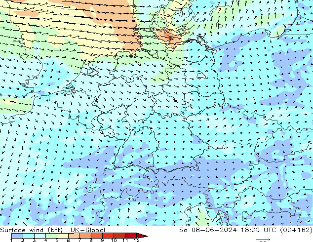 Surface wind (bft) UK-Global So 08.06.2024 18 UTC