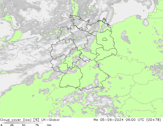 Cloud cover (low) UK-Global We 05.06.2024 06 UTC