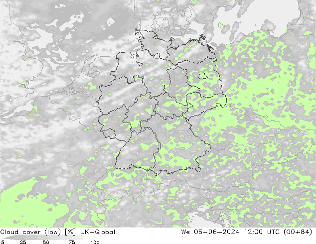 Cloud cover (low) UK-Global We 05.06.2024 12 UTC