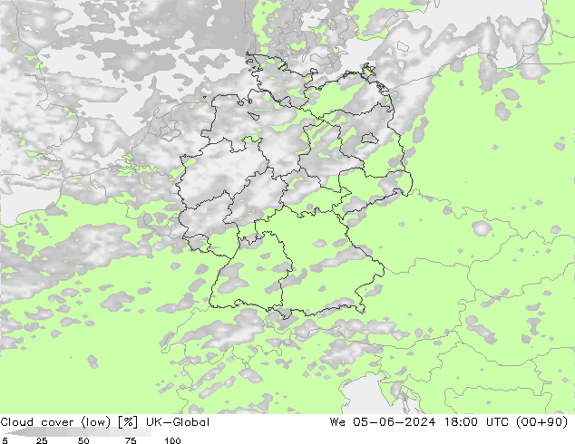 Cloud cover (low) UK-Global We 05.06.2024 18 UTC