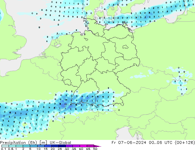 Precipitation (6h) UK-Global Pá 07.06.2024 06 UTC