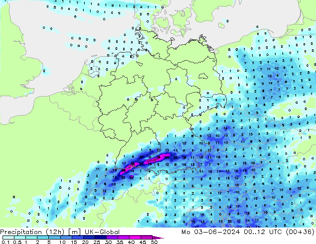 Precipitation (12h) UK-Global Mo 03.06.2024 12 UTC