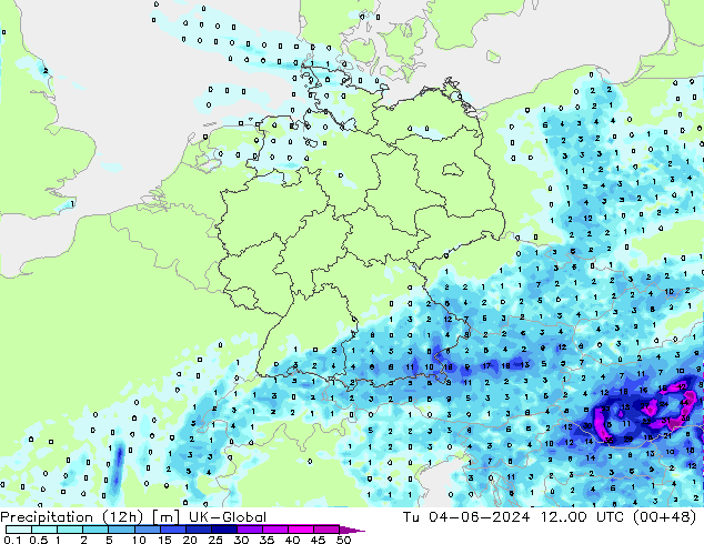 Précipitation (12h) UK-Global mar 04.06.2024 00 UTC