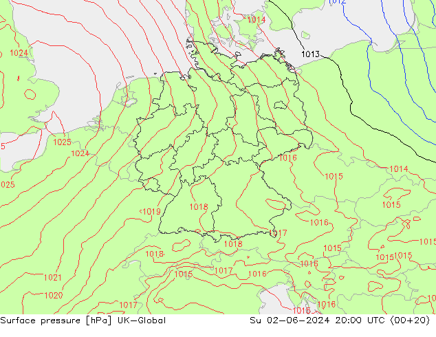 Pressione al suolo UK-Global dom 02.06.2024 20 UTC