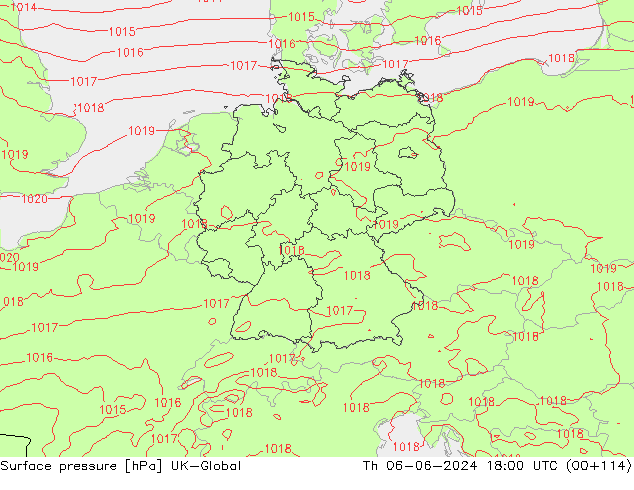 Atmosférický tlak UK-Global Čt 06.06.2024 18 UTC