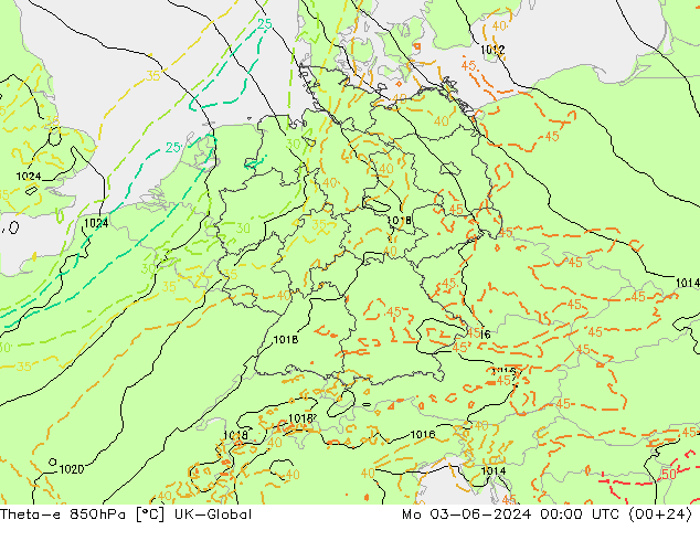 Theta-e 850hPa UK-Global ma 03.06.2024 00 UTC