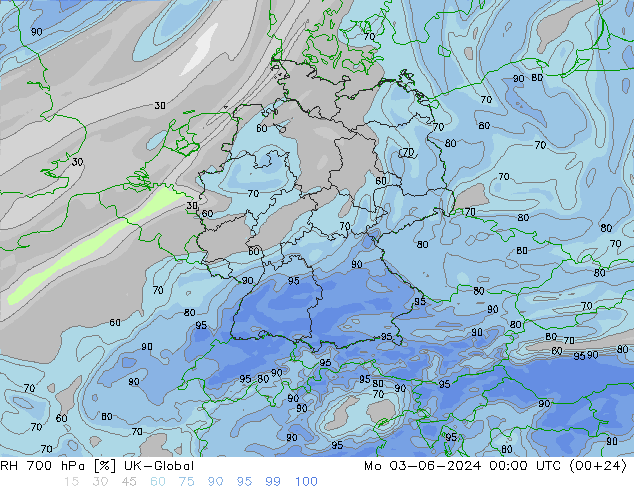 RH 700 hPa UK-Global Mo 03.06.2024 00 UTC