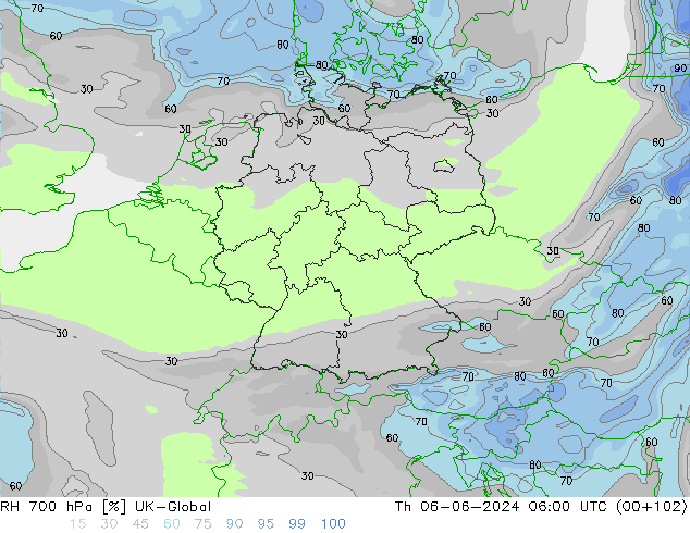 RH 700 hPa UK-Global Th 06.06.2024 06 UTC
