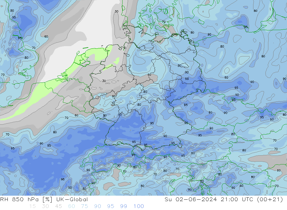 Humedad rel. 850hPa UK-Global dom 02.06.2024 21 UTC