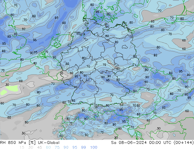 RH 850 hPa UK-Global Sáb 08.06.2024 00 UTC