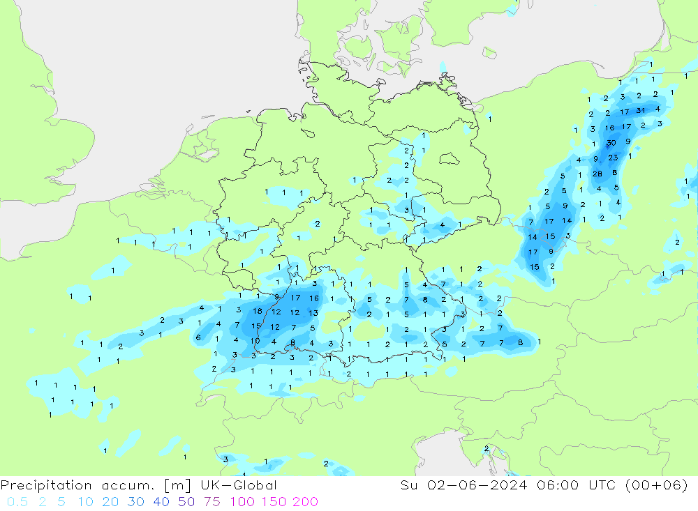 Precipitation accum. UK-Global 星期日 02.06.2024 06 UTC