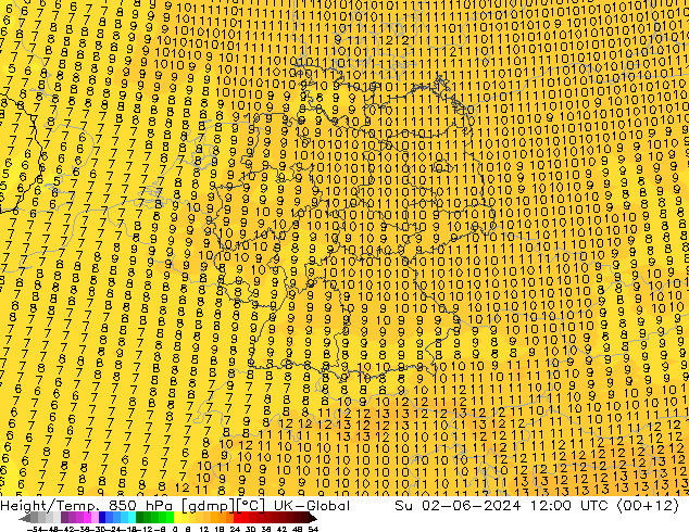 Géop./Temp. 850 hPa UK-Global dim 02.06.2024 12 UTC