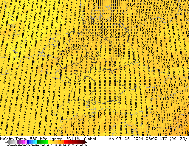 Height/Temp. 850 hPa UK-Global Mo 03.06.2024 06 UTC