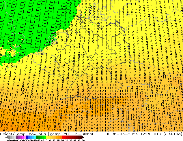 Height/Temp. 850 hPa UK-Global Th 06.06.2024 12 UTC