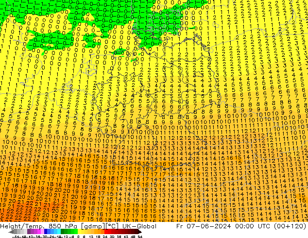 Height/Temp. 850 hPa UK-Global Fr 07.06.2024 00 UTC