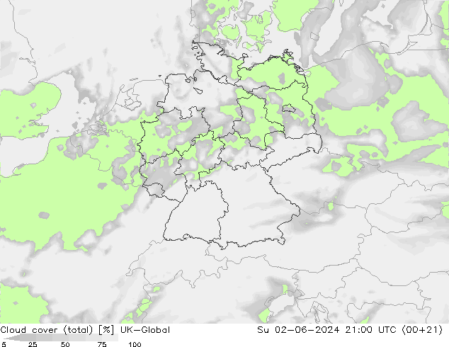 Cloud cover (total) UK-Global Su 02.06.2024 21 UTC