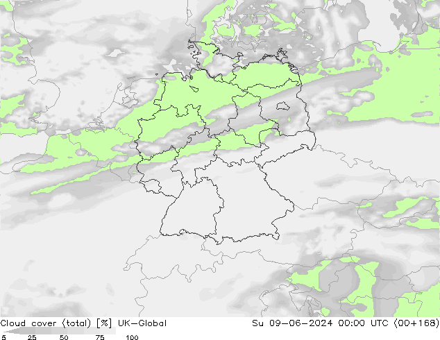 Cloud cover (total) UK-Global Su 09.06.2024 00 UTC