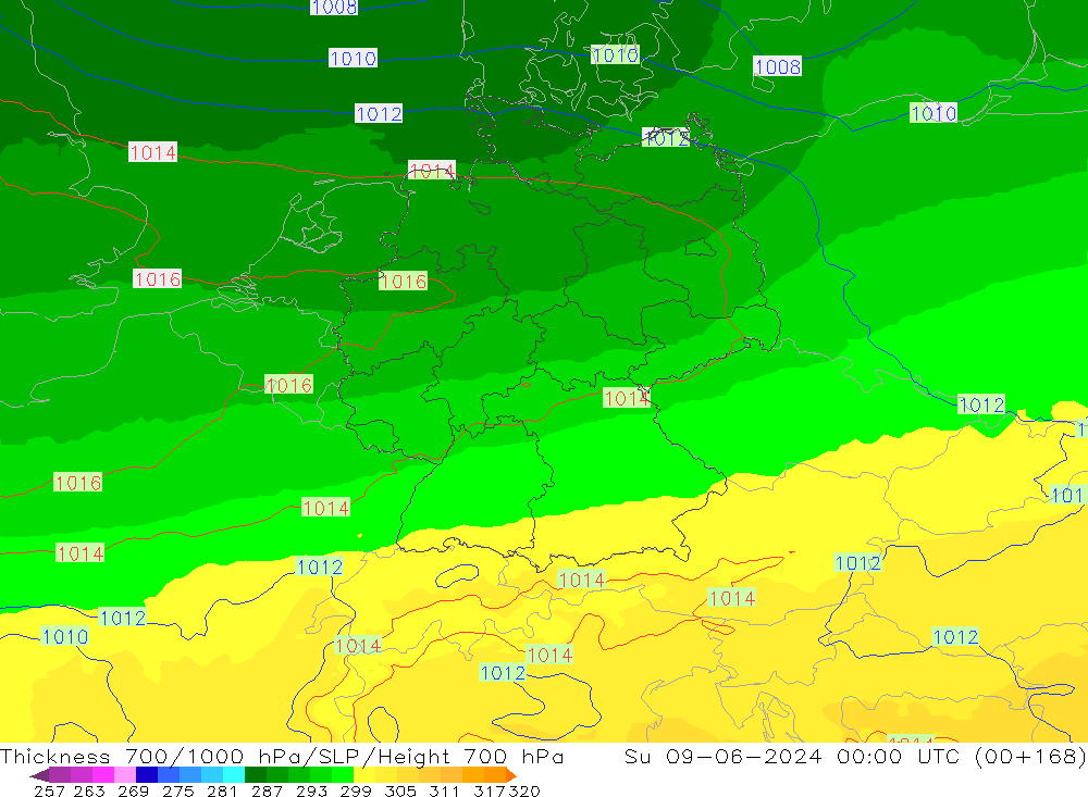 Thck 700-1000 hPa UK-Global dom 09.06.2024 00 UTC