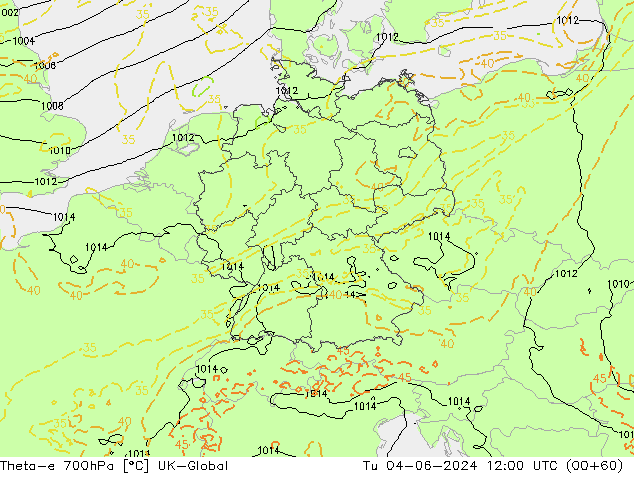 Theta-e 700гПа UK-Global вт 04.06.2024 12 UTC