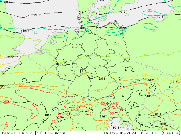 Theta-e 700hPa UK-Global Per 06.06.2024 18 UTC