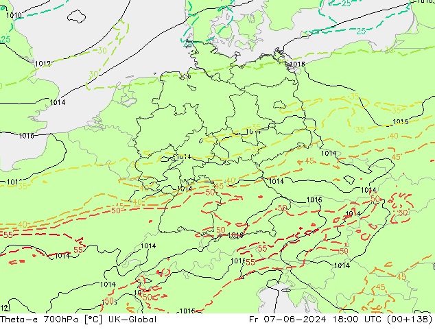 Theta-e 700hPa UK-Global Fr 07.06.2024 18 UTC
