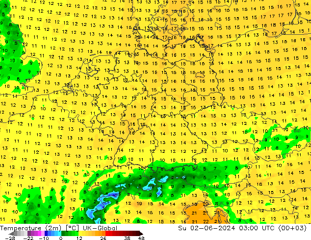 Temperaturkarte (2m) UK-Global So 02.06.2024 03 UTC