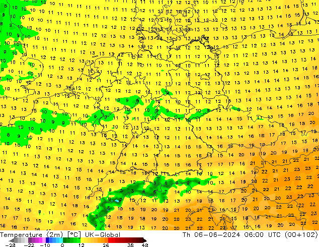 Temperature (2m) UK-Global Čt 06.06.2024 06 UTC