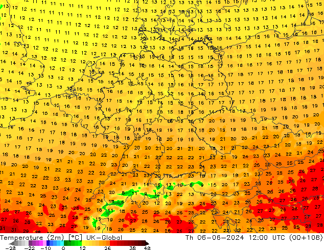 Temperatura (2m) UK-Global gio 06.06.2024 12 UTC