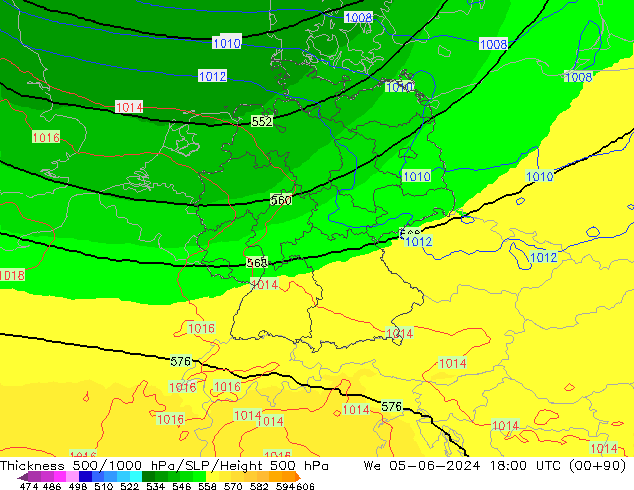 Schichtdicke 500-1000 hPa UK-Global Mi 05.06.2024 18 UTC