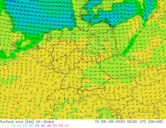 Wind 10 m UK-Global do 06.06.2024 00 UTC