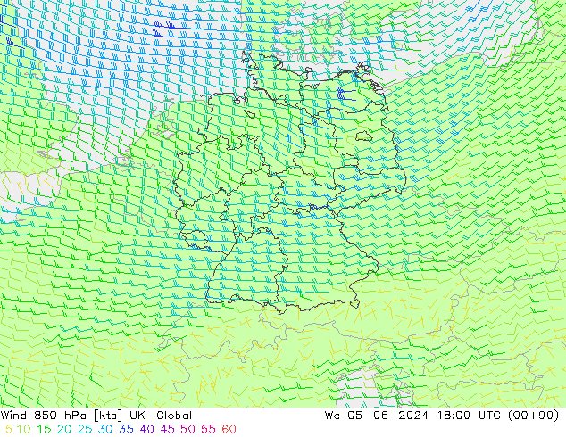 Wind 850 hPa UK-Global Mi 05.06.2024 18 UTC