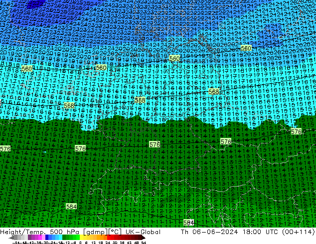 Height/Temp. 500 hPa UK-Global Th 06.06.2024 18 UTC