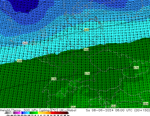 Height/Temp. 500 hPa UK-Global So 08.06.2024 06 UTC