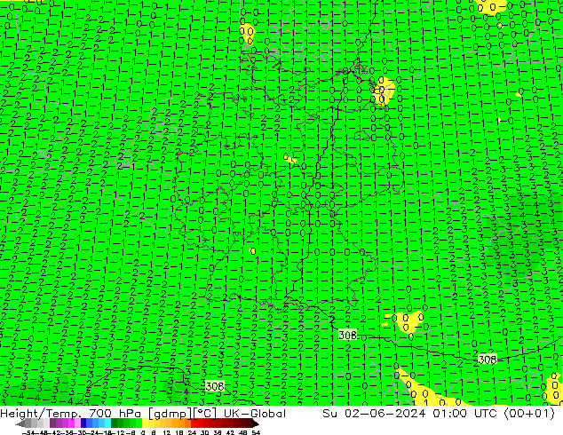Géop./Temp. 700 hPa UK-Global dim 02.06.2024 01 UTC