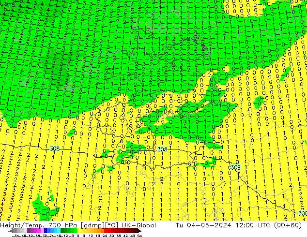 Géop./Temp. 700 hPa UK-Global mar 04.06.2024 12 UTC