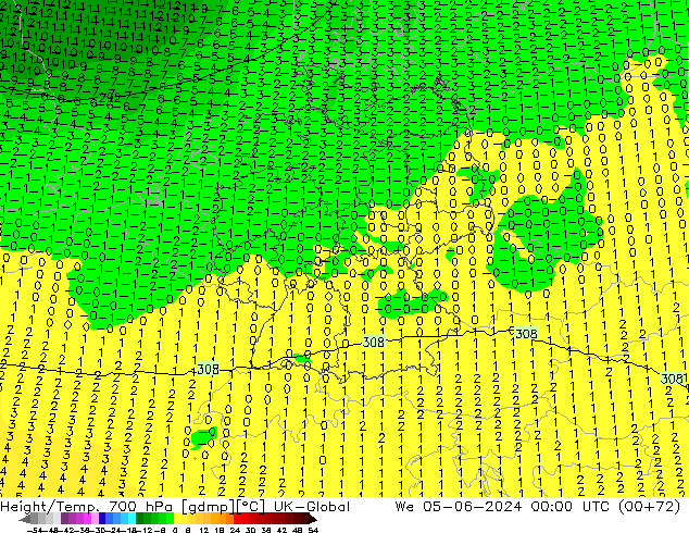 Géop./Temp. 700 hPa UK-Global mer 05.06.2024 00 UTC