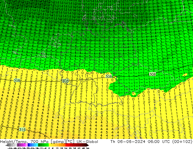 Height/Temp. 700 hPa UK-Global Th 06.06.2024 06 UTC