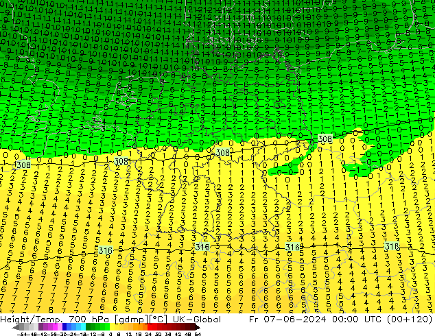 Height/Temp. 700 hPa UK-Global pt. 07.06.2024 00 UTC