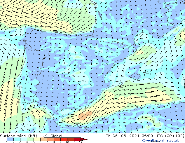 Surface wind (bft) UK-Global Th 06.06.2024 06 UTC