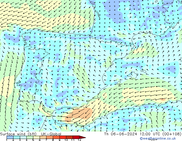 Surface wind (bft) UK-Global Th 06.06.2024 12 UTC